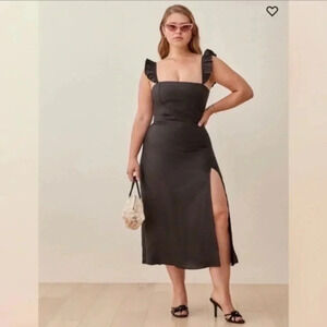 Reformation Spaulding in Black Linen Slit Midi Tank Dress 6 $248 B782